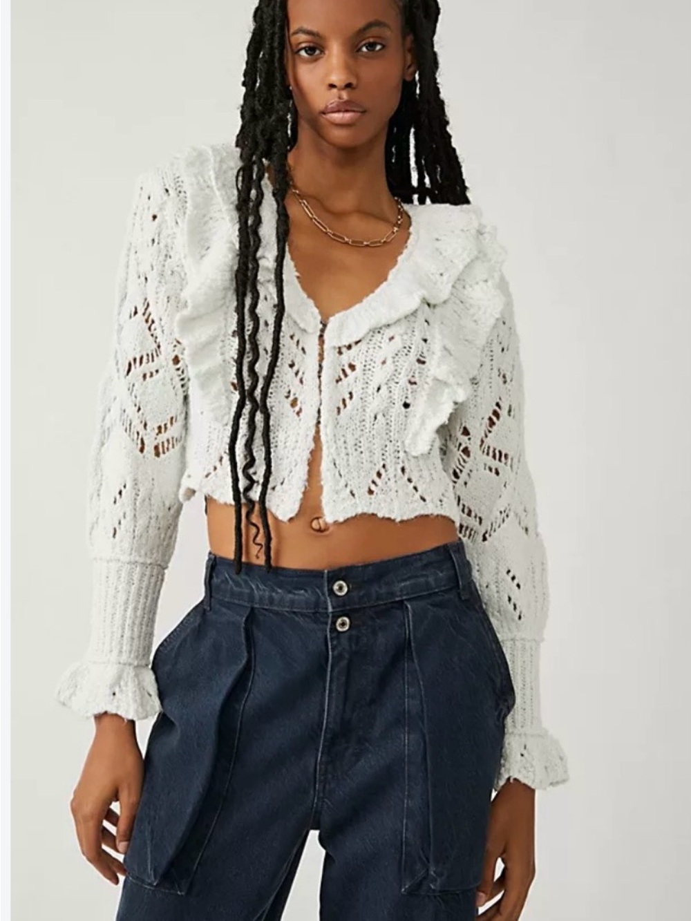 Free People Evelyn Ivory Cropped Ruffle-Trim crochet Openwork Cardigan
